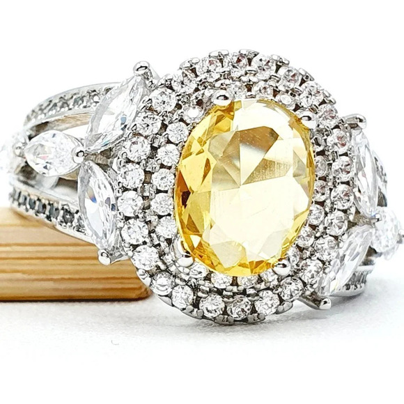 ▶Noble Hollow Beautiful Oval Crystal Royal Yellow CZ Silver Ring for Women, L073 - Picture 2 of 9
